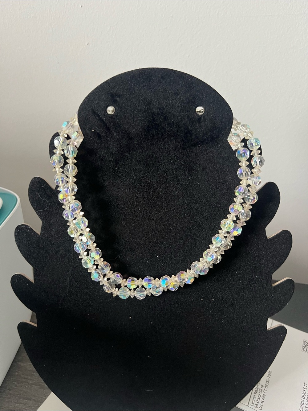 Vintage Double Strand AB Crystal Beaded Choker Necklace Aurora Borealis Rainbow